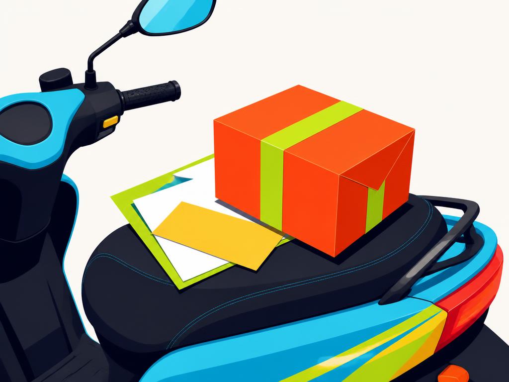 A sealed orange parcel box and documents resting on a courier scooter seat