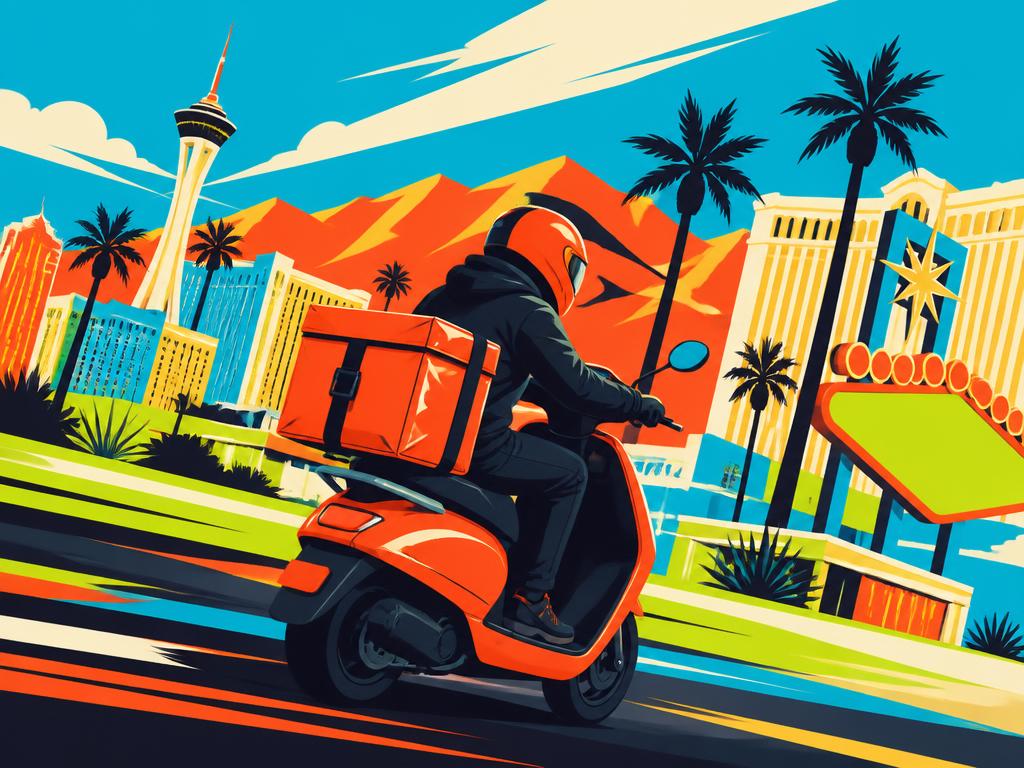 A courier on an orange scooter speeding through a stylized Las Vegas valley cityscape
