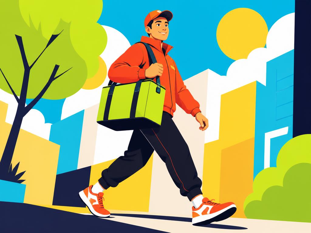 A courier walking through a sunny city street carrying a delivery bag